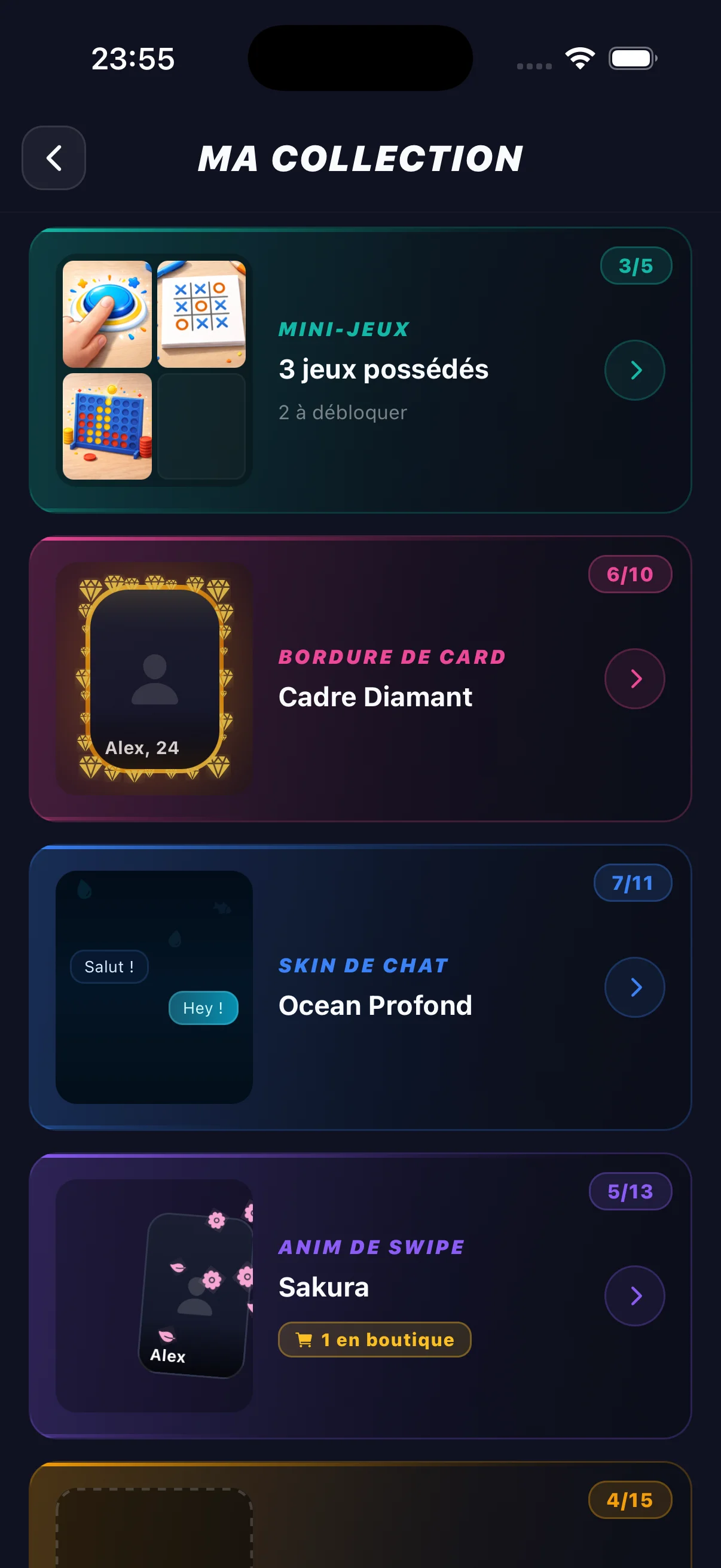 Écran Ma Collection Lofy : inventaire de mini-jeux et skins de chat