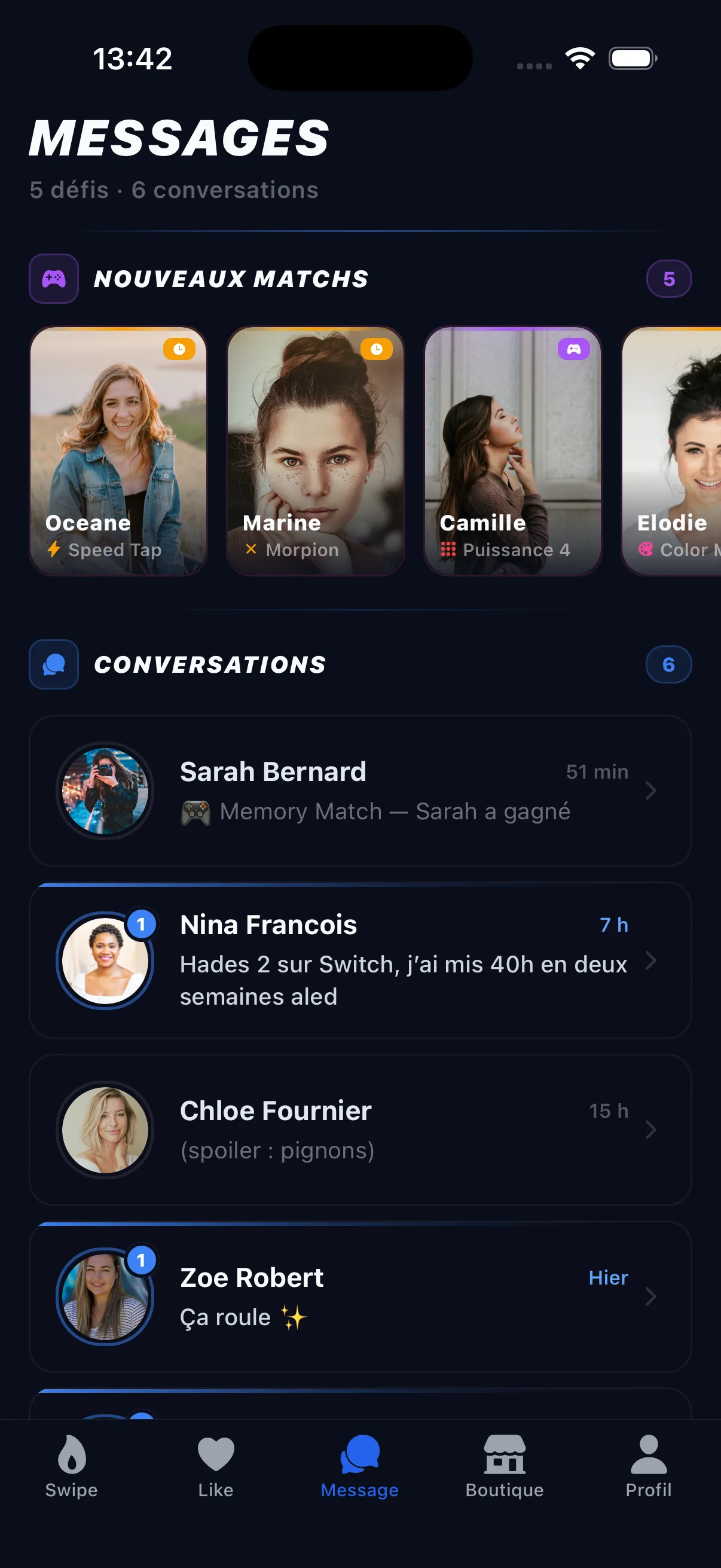 Conversation Lofy permettant de lancer un mini-jeu avec un match