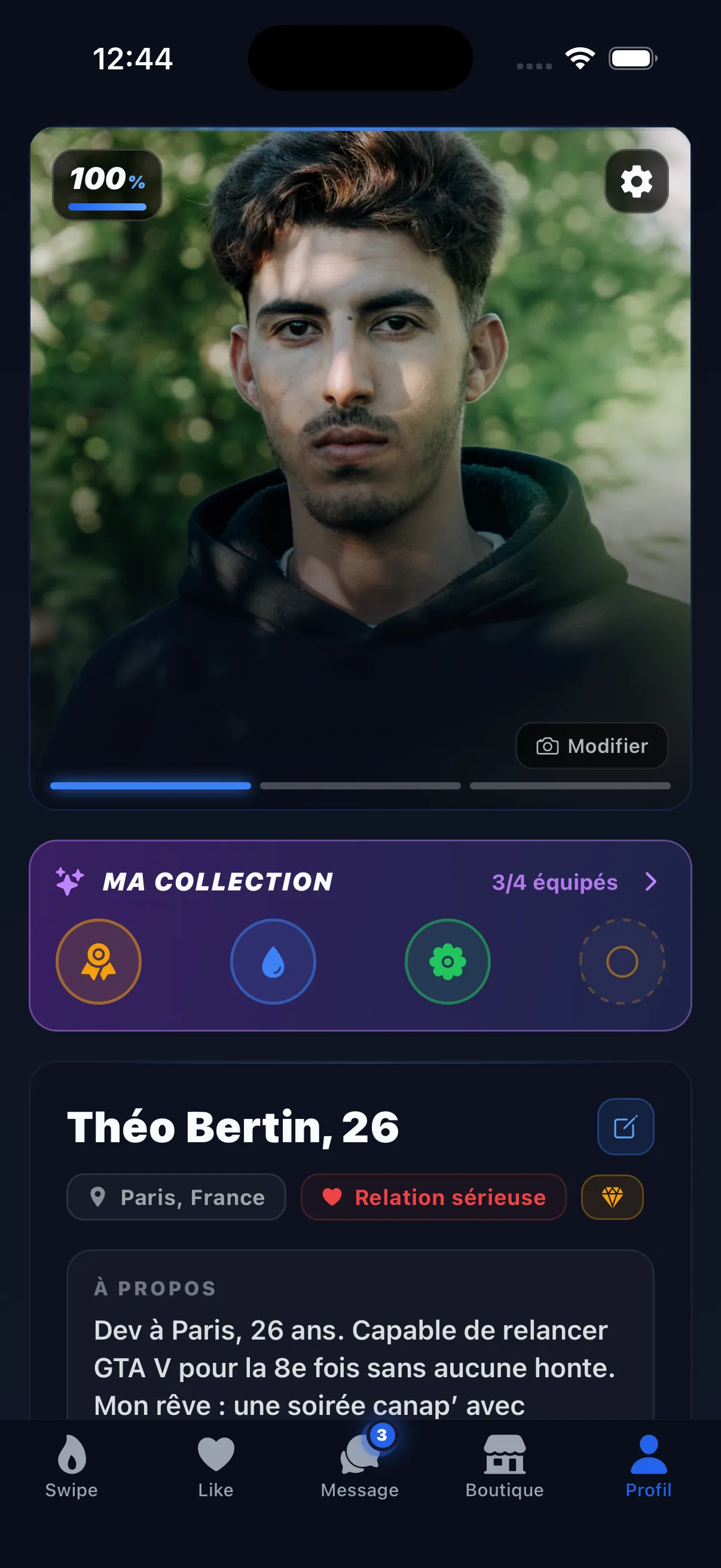 Écran de profil Lofy : biographie avec passions gaming, anime et musique