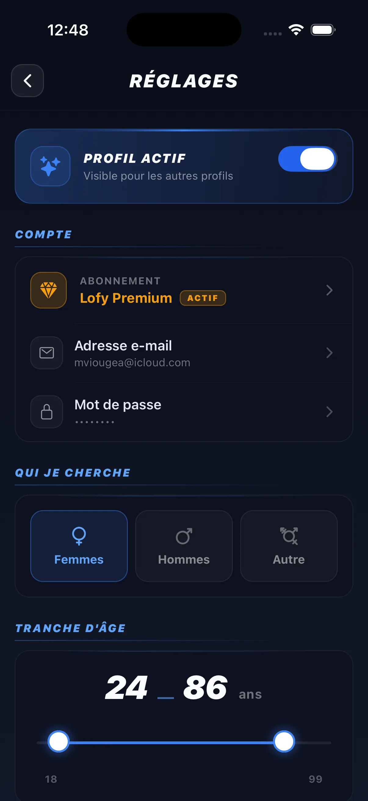 Écran des réglages Lofy : préférences de recherche et filtres